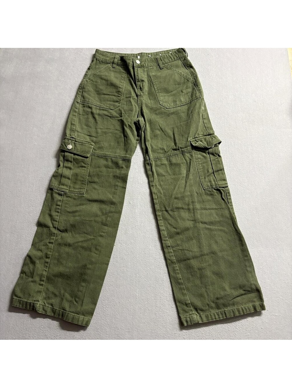 Forever 21 Premium Denim Cargo Pants Womens Small Green Cotton Wide Leg Utility